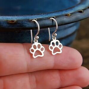 Silver Paw Print Drop Pendant Earrings Dainty Dangle Pet Dog Cat Charm Lightwght